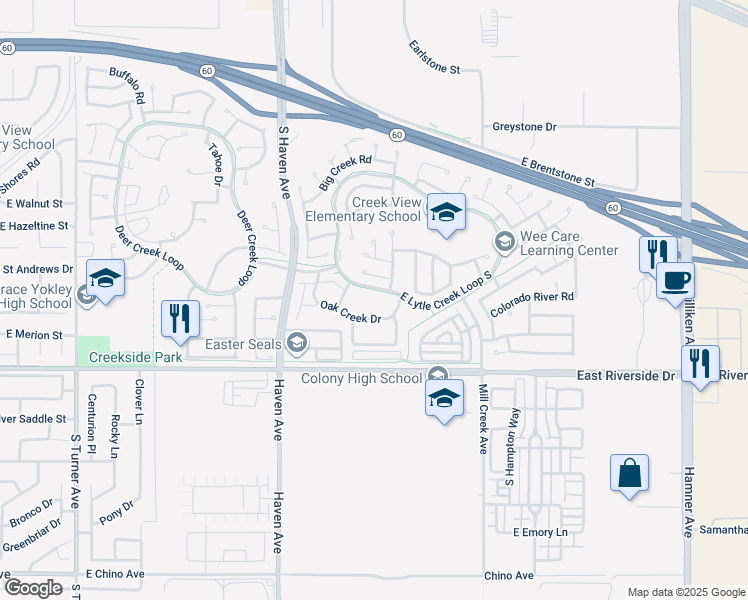 map of restaurants, bars, coffee shops, grocery stores, and more near 3664 Lytle Creek Loop in Ontario