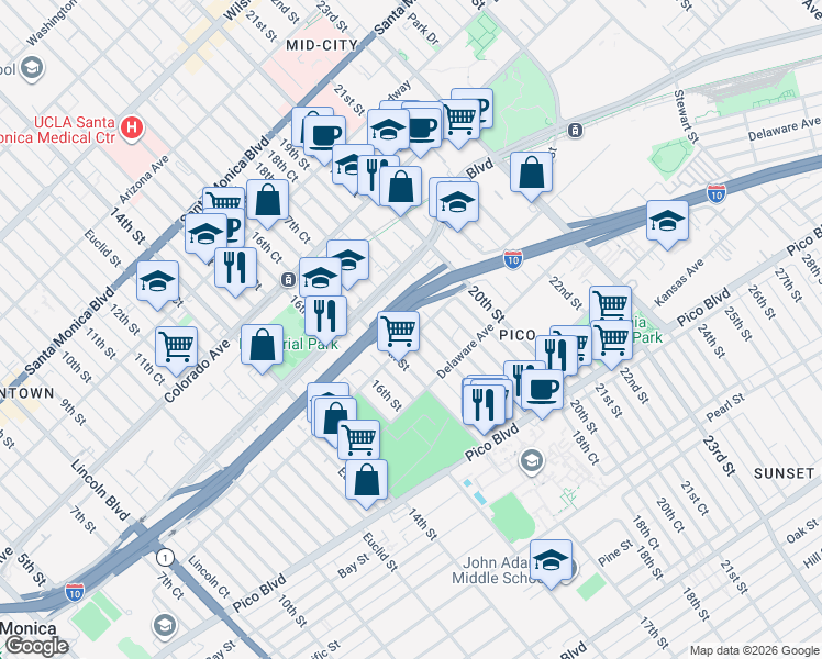 map of restaurants, bars, coffee shops, grocery stores, and more near 1748 18th Street in Santa Monica