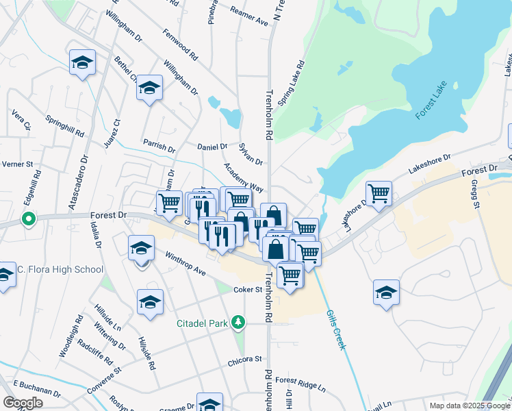map of restaurants, bars, coffee shops, grocery stores, and more near 5317 Trenholm Road in Columbia