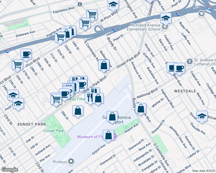 map of restaurants, bars, coffee shops, grocery stores, and more near 3420 Ocean Park Boulevard in Santa Monica