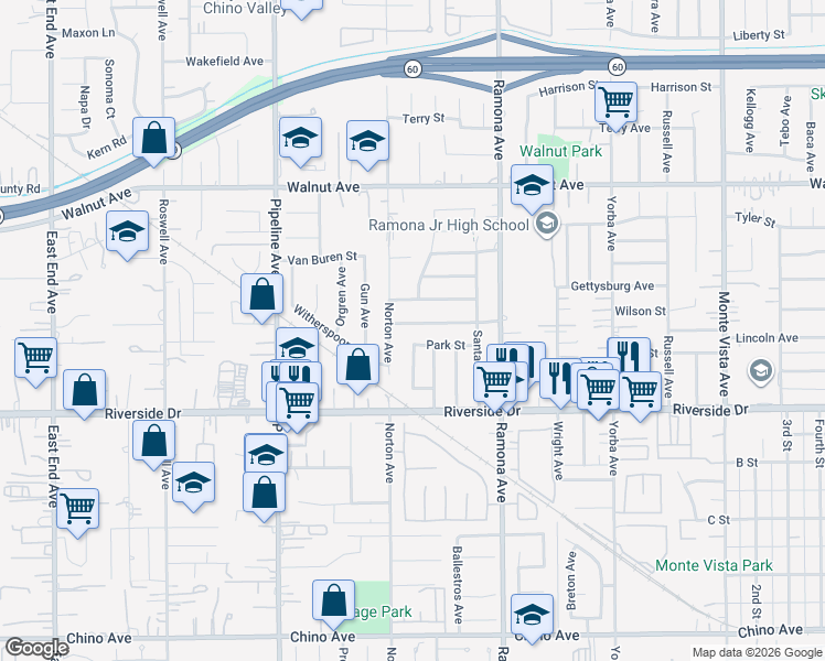 map of restaurants, bars, coffee shops, grocery stores, and more near 4345 Wilson Street in Chino