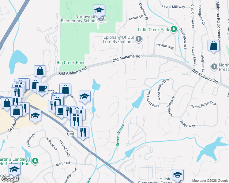 map of restaurants, bars, coffee shops, grocery stores, and more near 400 Ansley Drive in Roswell