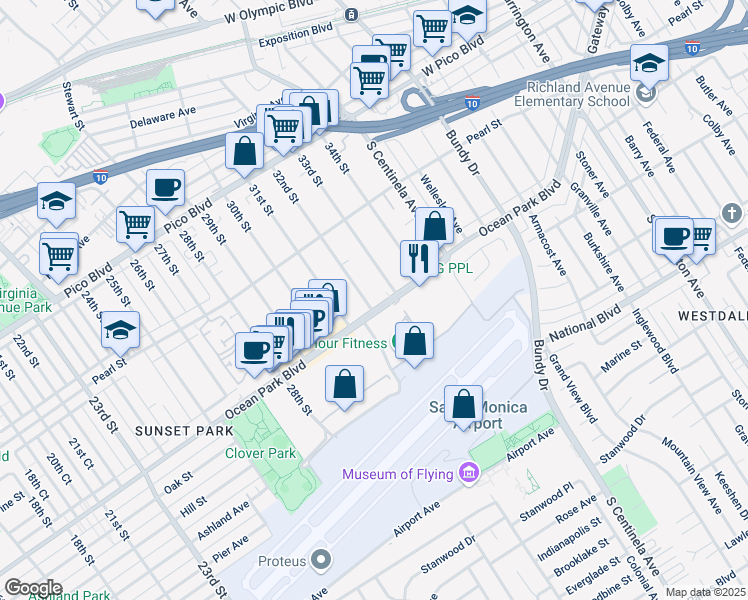 map of restaurants, bars, coffee shops, grocery stores, and more near 3205 Ocean Park Boulevard in Santa Monica