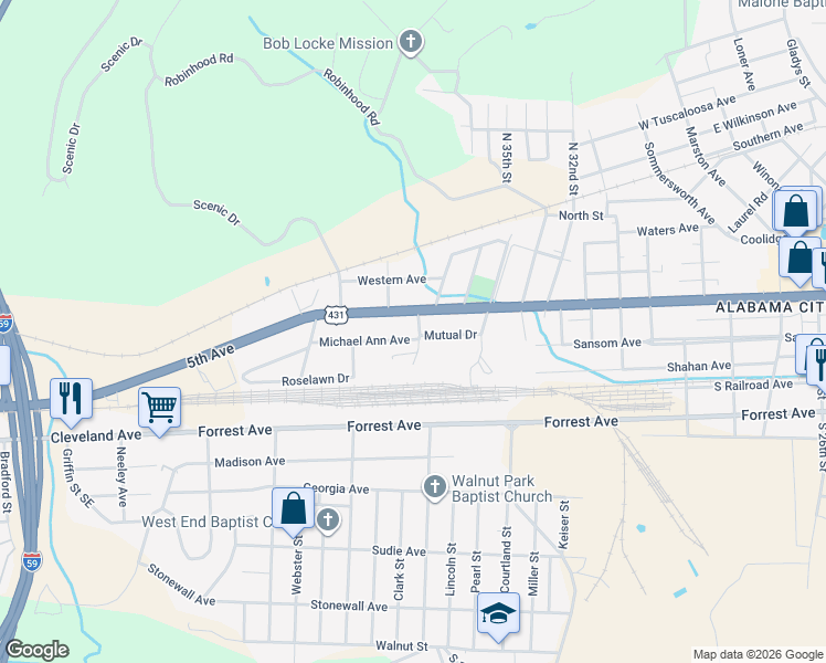 map of restaurants, bars, coffee shops, grocery stores, and more near 3501 Michael Ann Avenue in Gadsden