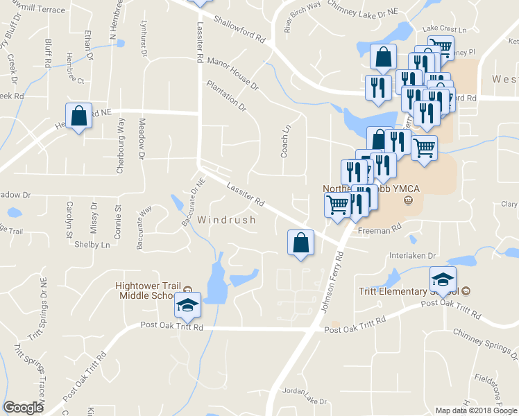 map of restaurants, bars, coffee shops, grocery stores, and more near 3953 Windrose Court Northeast in Marietta