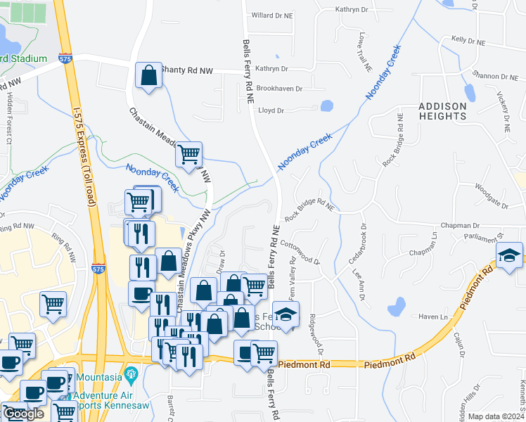 map of restaurants, bars, coffee shops, grocery stores, and more near 2018 Prado Lane in Marietta