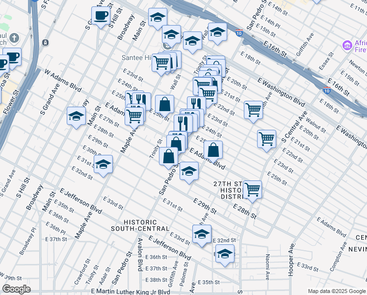 map of restaurants, bars, coffee shops, grocery stores, and more near 2601 San Pedro Street in Los Angeles