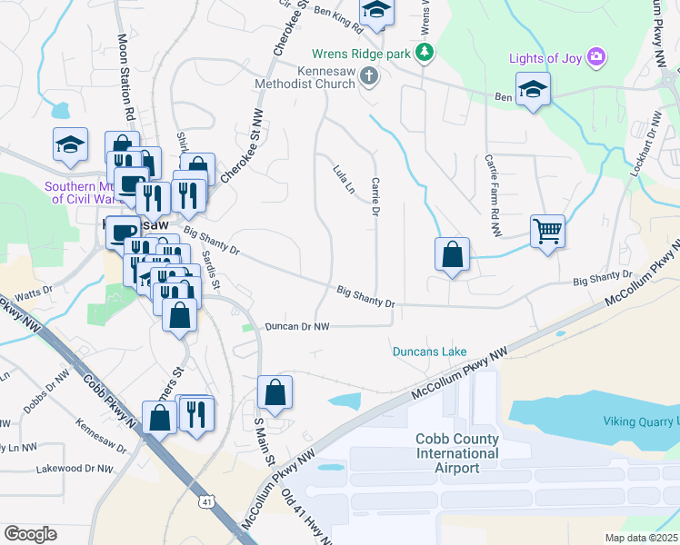 map of restaurants, bars, coffee shops, grocery stores, and more near 2786 Pine Hill Drive in Kennesaw