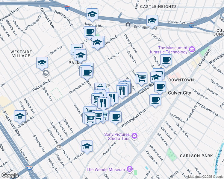 map of restaurants, bars, coffee shops, grocery stores, and more near 3721 Mentone Avenue in Los Angeles