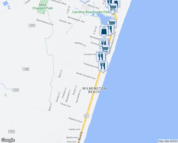 map of restaurants, bars, coffee shops, grocery stores, and more near 1214 Snapper Lane in Carolina Beach