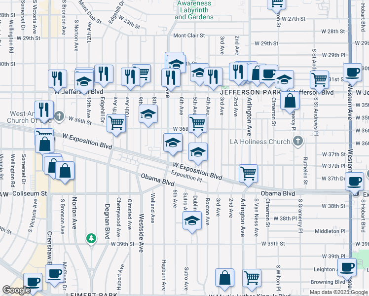 map of restaurants, bars, coffee shops, grocery stores, and more near 3646 6th Avenue in Los Angeles
