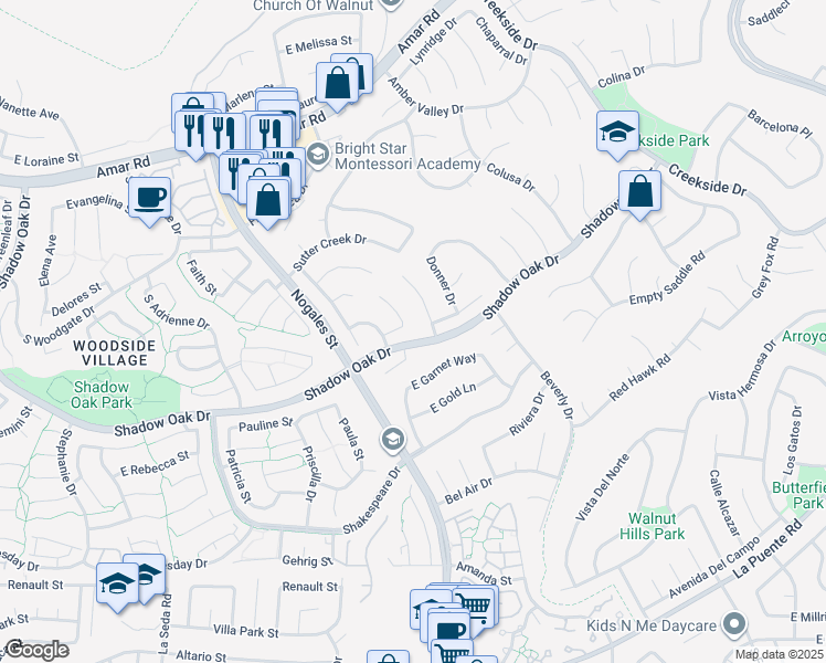 map of restaurants, bars, coffee shops, grocery stores, and more near 600 Pinecrest Lane in Walnut