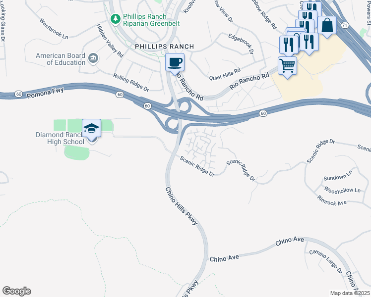 map of restaurants, bars, coffee shops, grocery stores, and more near 12 Deerpath Place in Pomona