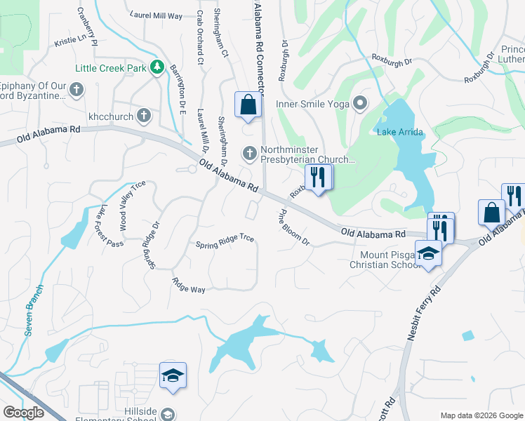 map of restaurants, bars, coffee shops, grocery stores, and more near 1310 Atherton Park in Roswell