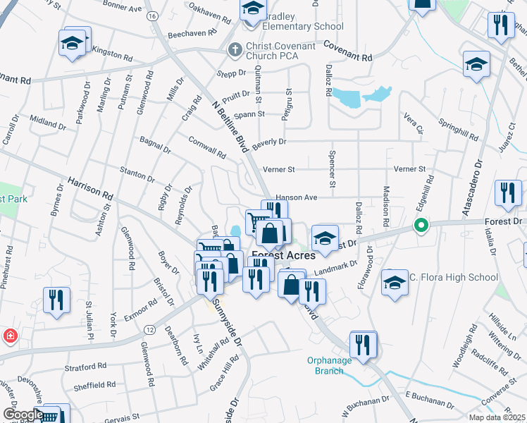 map of restaurants, bars, coffee shops, grocery stores, and more near 17 Highbourne Court in Columbia