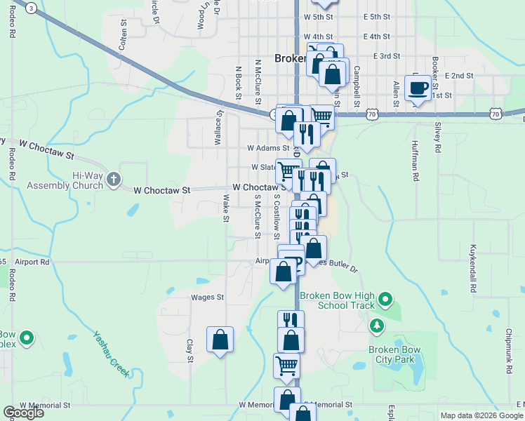 map of restaurants, bars, coffee shops, grocery stores, and more near 411 Jones Street in Broken Bow