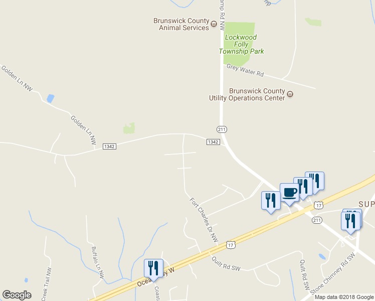 map of restaurants, bars, coffee shops, grocery stores, and more near 224 Fort Charles Drive Northwest in Brunswick County