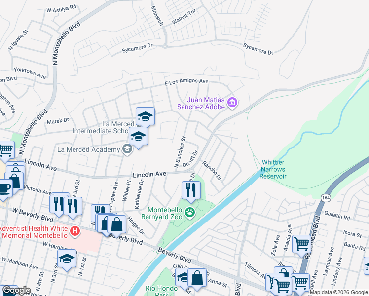 map of restaurants, bars, coffee shops, grocery stores, and more near 744 North Sanchez Street in Montebello