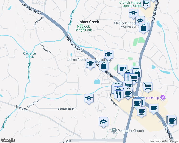 map of restaurants, bars, coffee shops, grocery stores, and more near 5530 State Bridge Road in Johns Creek