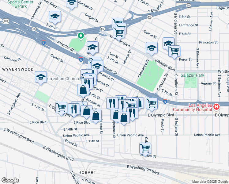 map of restaurants, bars, coffee shops, grocery stores, and more near 1146 Spence Street in Los Angeles
