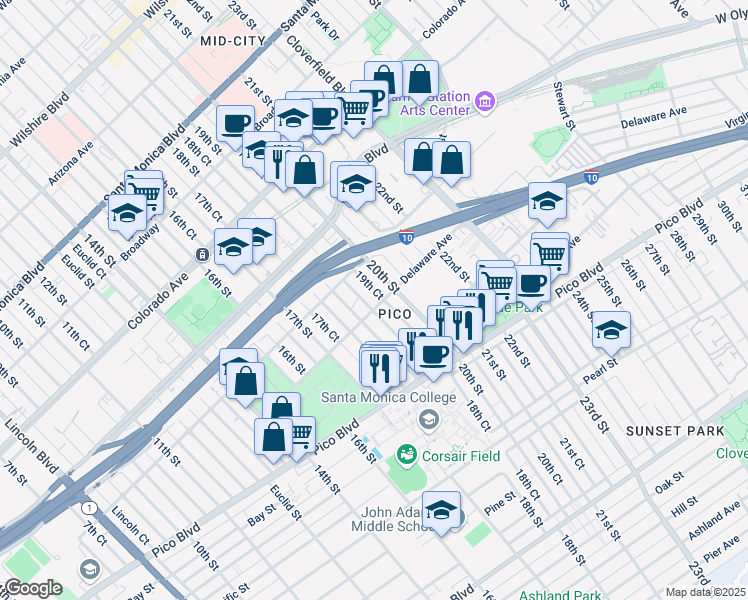 map of restaurants, bars, coffee shops, grocery stores, and more near 1843 19th Street in Santa Monica