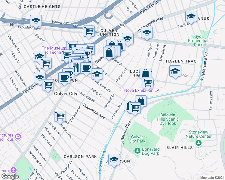 map of restaurants, bars, coffee shops, grocery stores, and more near 4080 Van Buren Place in Culver City