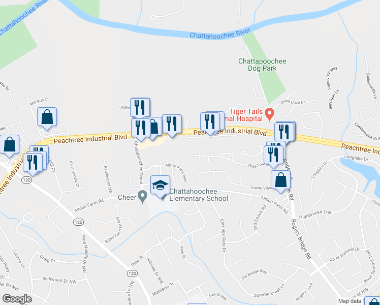 map of restaurants, bars, coffee shops, grocery stores, and more near 4050 Olde Towne Parkway in Duluth