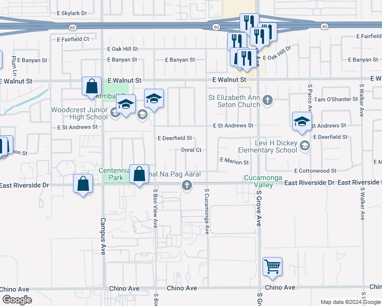 map of restaurants, bars, coffee shops, grocery stores, and more near 1048 Doral Court in Ontario