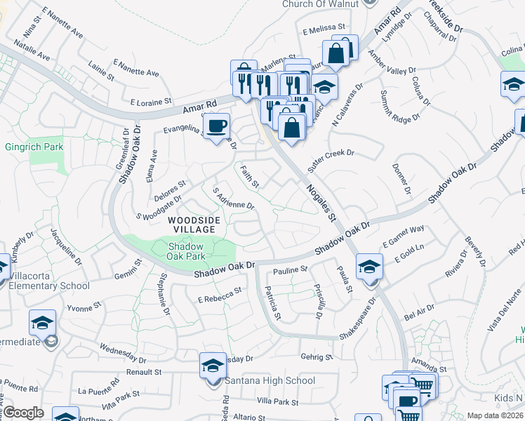 map of restaurants, bars, coffee shops, grocery stores, and more near 3104 South Adrienne Drive in West Covina