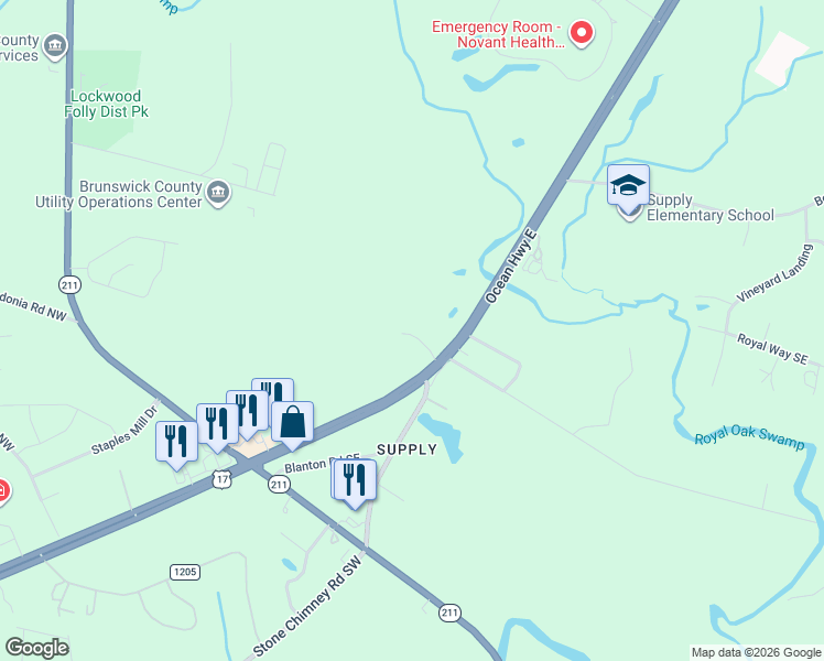map of restaurants, bars, coffee shops, grocery stores, and more near 50 Junction Way Northeast in Brunswick County