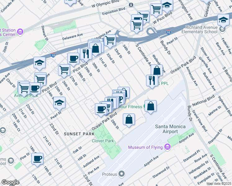 map of restaurants, bars, coffee shops, grocery stores, and more near 2611 30th Street in Santa Monica