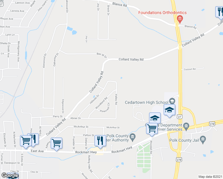 map of restaurants, bars, coffee shops, grocery stores, and more near 657 Woodland Road in Cedartown