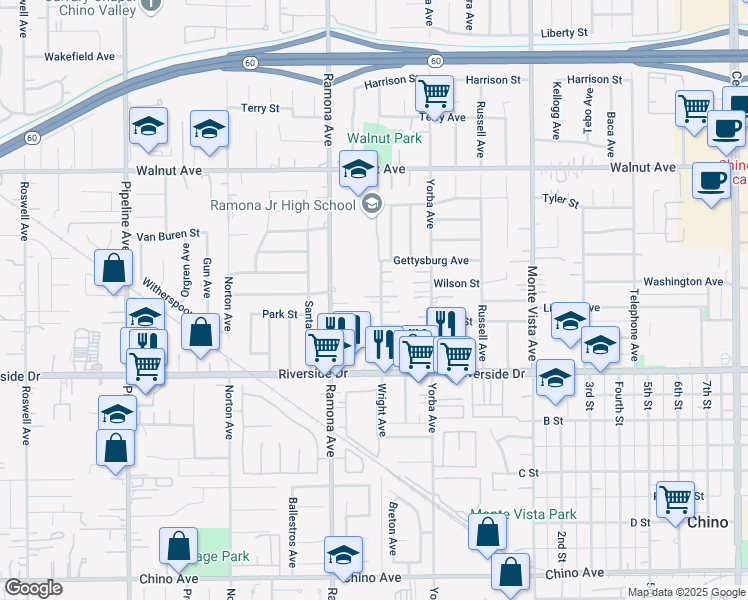 map of restaurants, bars, coffee shops, grocery stores, and more near 12760 Wright Avenue in Chino