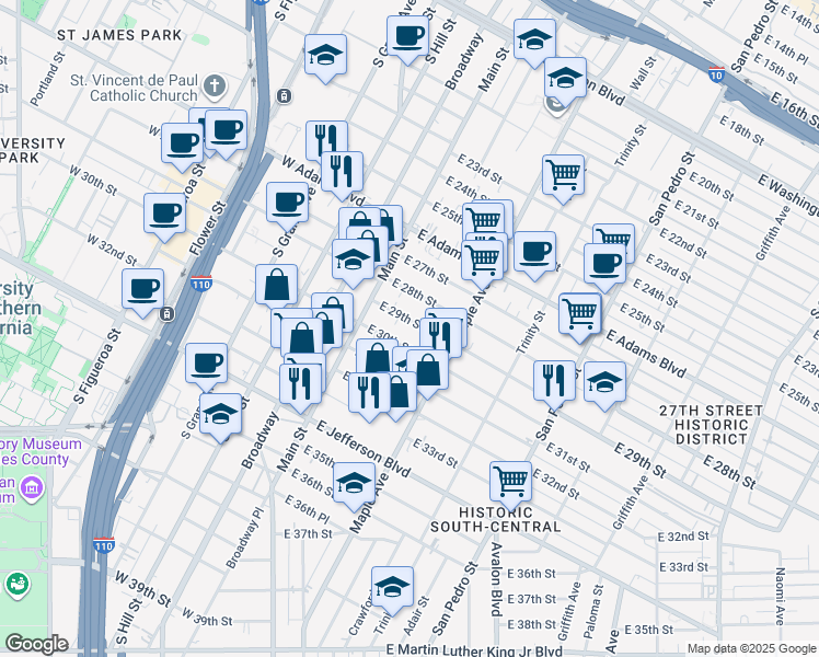 map of restaurants, bars, coffee shops, grocery stores, and more near 212 East 29th Street in Los Angeles