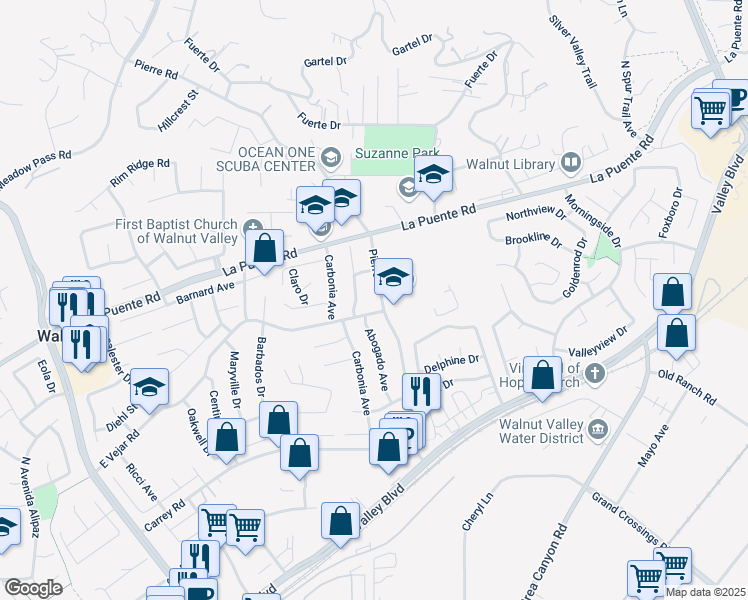 map of restaurants, bars, coffee shops, grocery stores, and more near 415 Pierre Road in Walnut