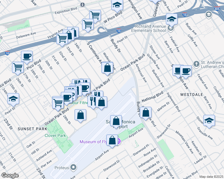 map of restaurants, bars, coffee shops, grocery stores, and more near 3420 Ocean Park Blvd in Santa Monica