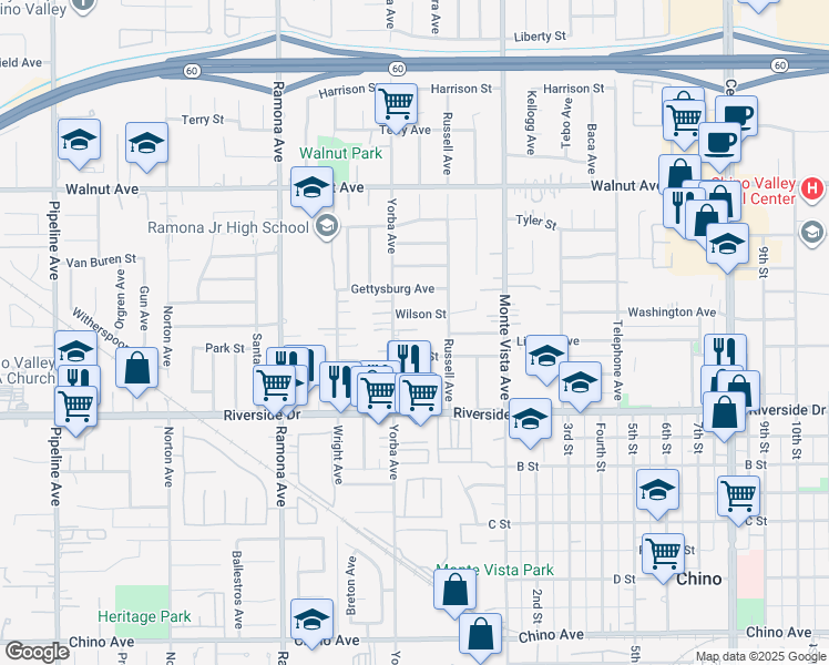 map of restaurants, bars, coffee shops, grocery stores, and more near 12757 Yorba Ave in Chino