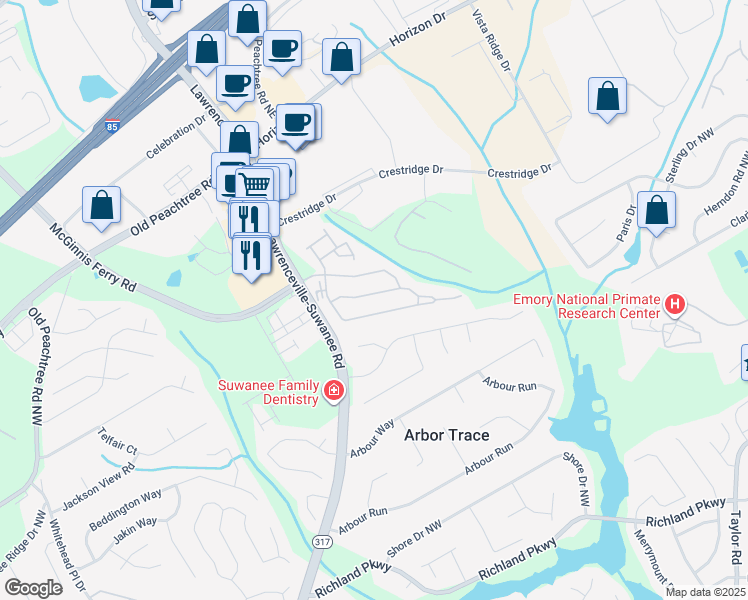 map of restaurants, bars, coffee shops, grocery stores, and more near 2389 Brynfield Cove in Suwanee