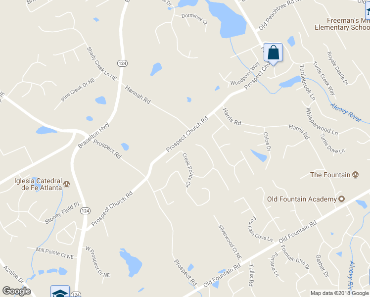 map of restaurants, bars, coffee shops, grocery stores, and more near 1505 Creek Pointe Circle in Lawrenceville