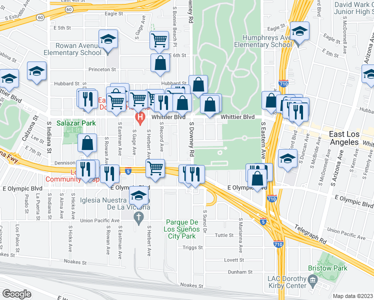 map of restaurants, bars, coffee shops, grocery stores, and more near 1029 South Downey Road in Los Angeles