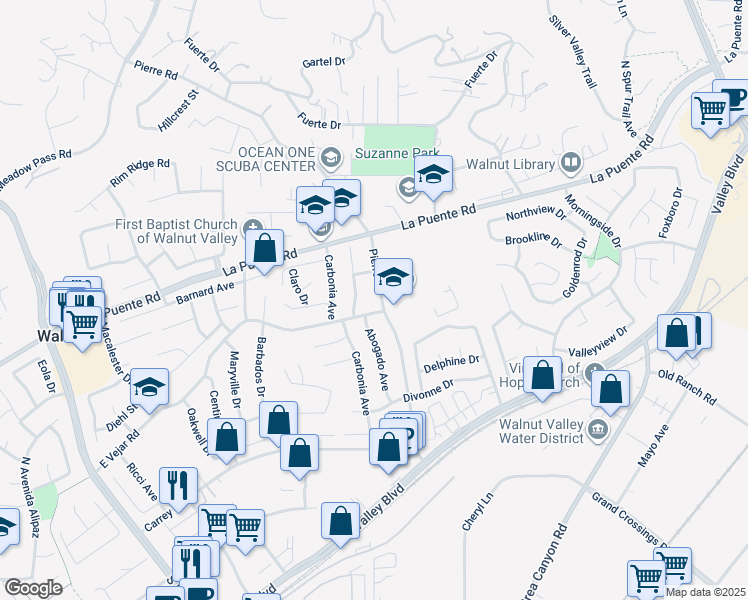 map of restaurants, bars, coffee shops, grocery stores, and more near 415 Pierre Road in Walnut