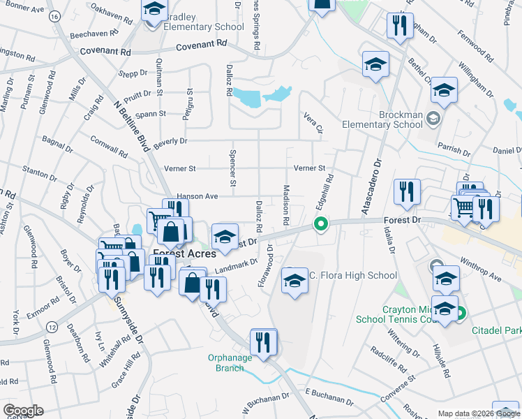 map of restaurants, bars, coffee shops, grocery stores, and more near 1706 Dalloz Road in Columbia