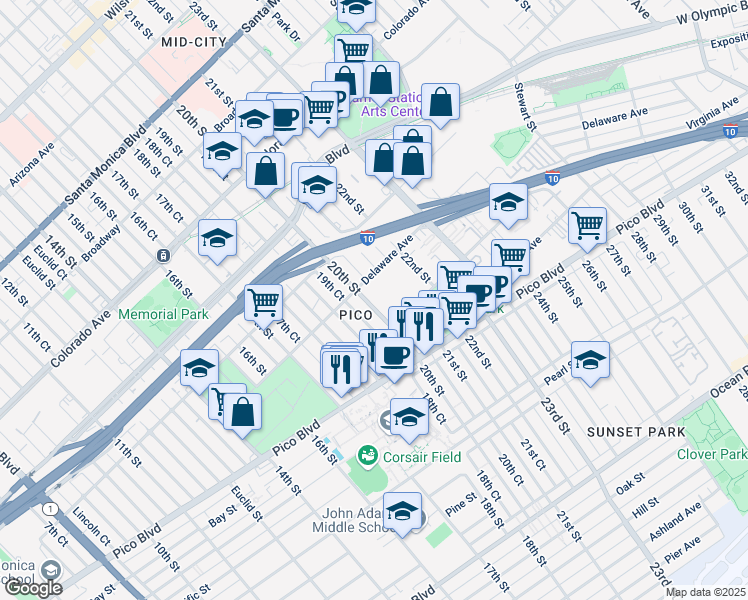 map of restaurants, bars, coffee shops, grocery stores, and more near 1921 20th Street in Santa Monica