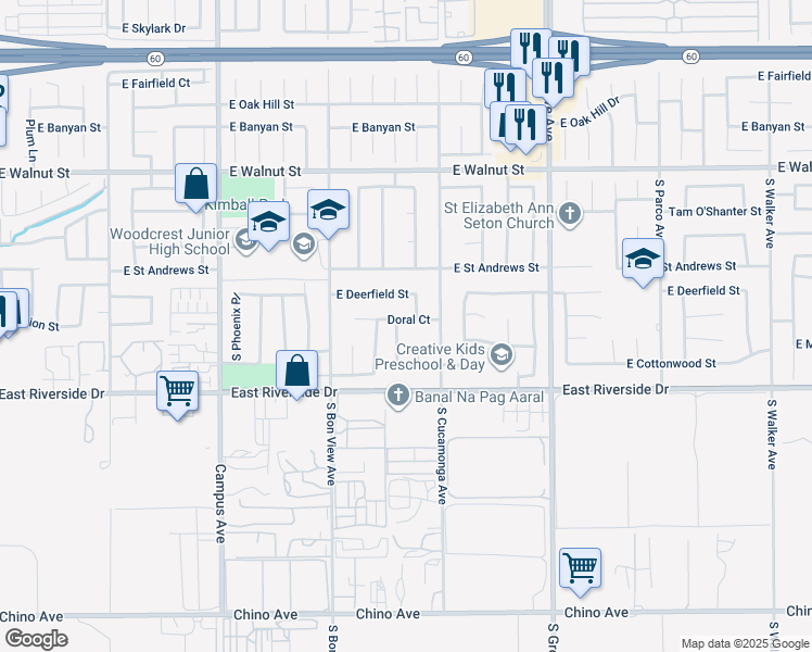 map of restaurants, bars, coffee shops, grocery stores, and more near 1048 Doral Court in Ontario