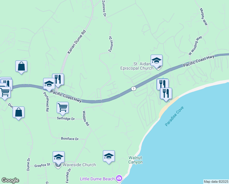 map of restaurants, bars, coffee shops, grocery stores, and more near 6453 Zuma View Place in Malibu