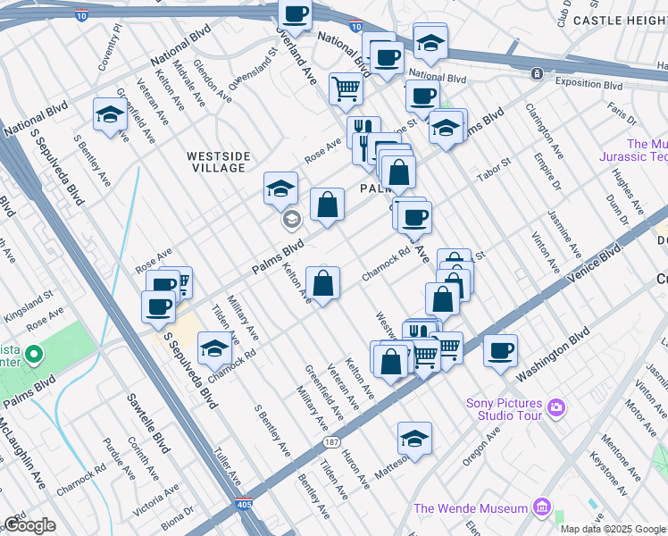 map of restaurants, bars, coffee shops, grocery stores, and more near 10835 Tabor Street in Los Angeles