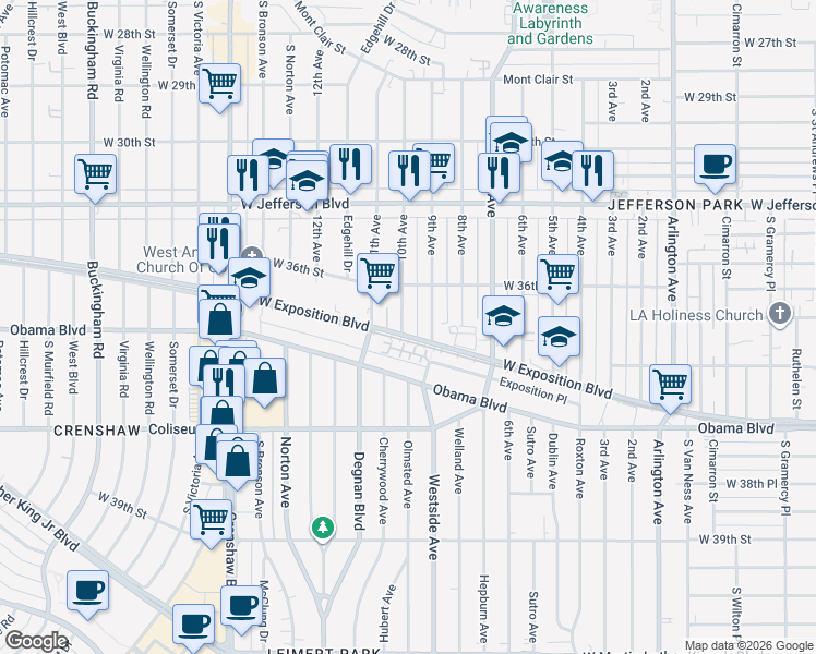 map of restaurants, bars, coffee shops, grocery stores, and more near 3644 10th Avenue in Los Angeles
