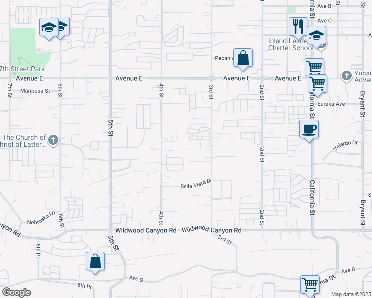 map of restaurants, bars, coffee shops, grocery stores, and more near Kelly Lane in Yucaipa