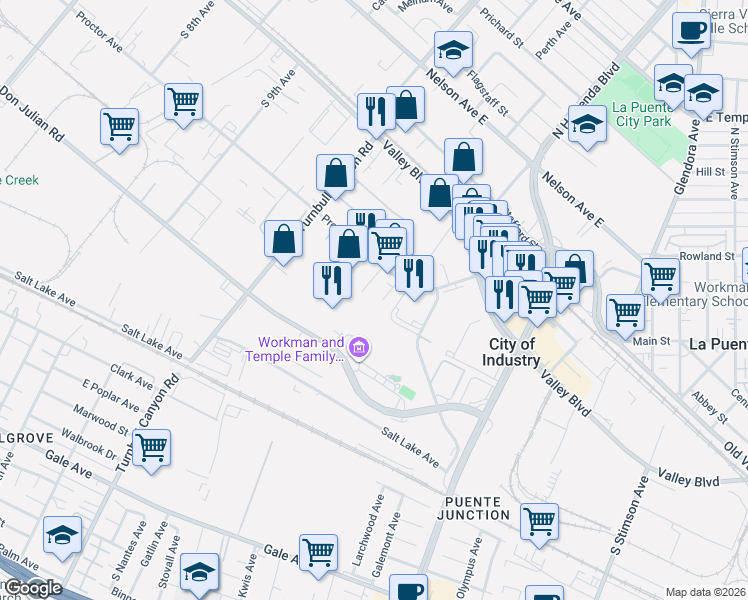 map of restaurants, bars, coffee shops, grocery stores, and more near 313 Newquist Avenue in City of Industry