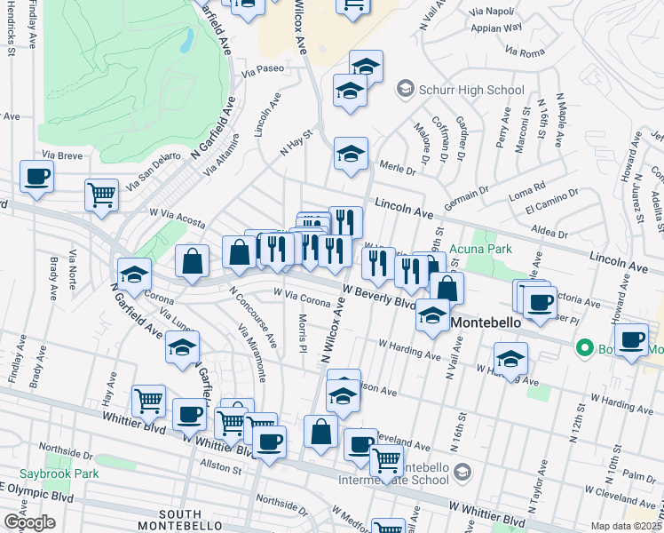 map of restaurants, bars, coffee shops, grocery stores, and more near 2200-2350 West Beverly Boulevard in Montebello